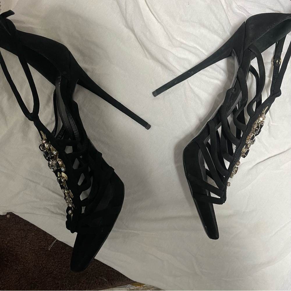🍸GIUSEPPE ZANOTTI🍸Sexy Black Crystal Embellished T-Bar Sandal Heel - Picture 10 of 12